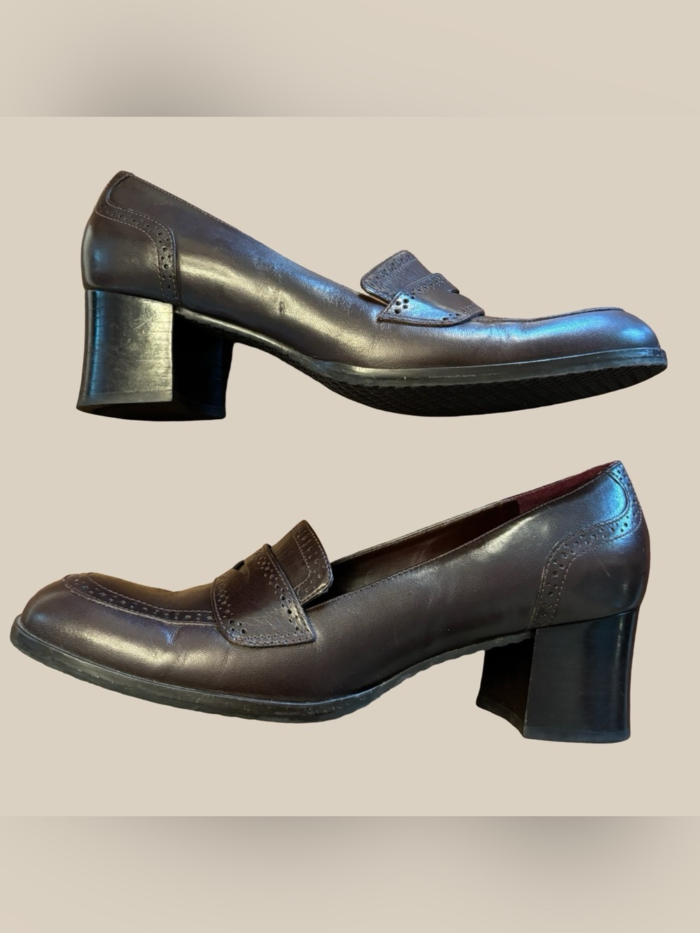 Etienne Aigner E-Greeley Women Dark Brown Leather Heeled Penny Loafer Pumps 7.5M - Picture 7 of 8
